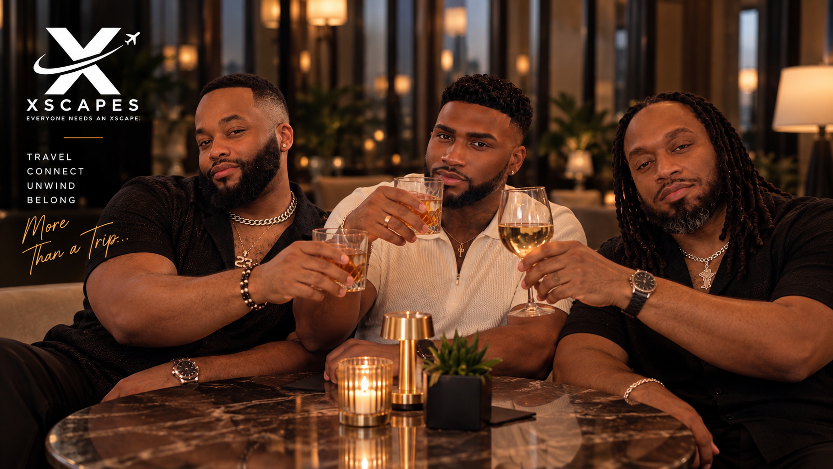 Founders James, Princeton and Will raising their glasses together in the approved XSCAPES photograph